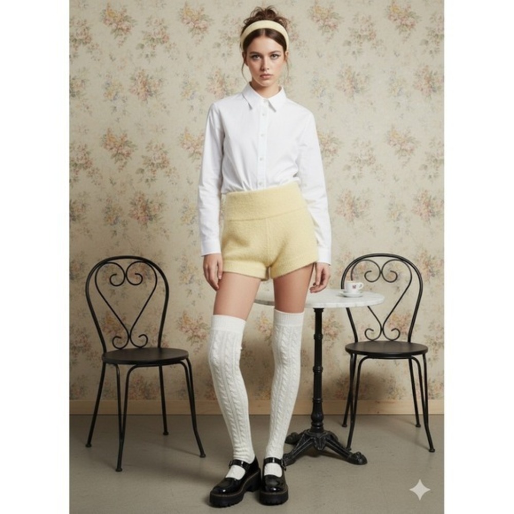 Camila Coelho GENEVIEVE Yellow Fuzzy Knit High Waisted Shorts XS Pearl Detail